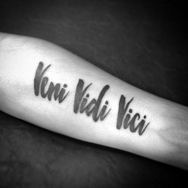 Paint Brush Stroke Veni Vidi Vici Inner Forearm Lettering Guys Tattoos