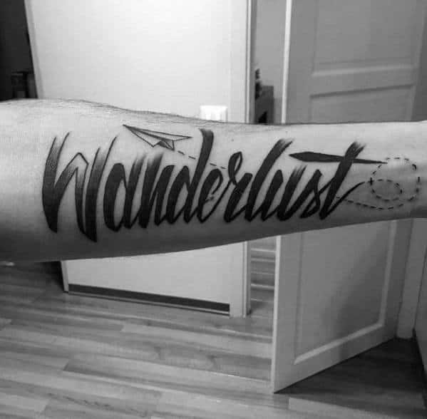 Paint Brush Stroke Wanderlust With Flying Paper Airplane Tattoo For Men