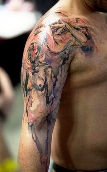Abstract tattoo of a human figure in vibrant colors