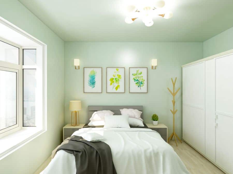 green painted small master bedroom