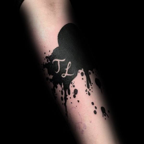 Paint Splatter Black Ink Negative Space Letters Guys Cover Up Tattoos