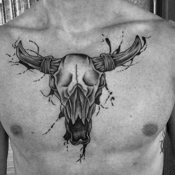 Paint Splatter Bull Skull Mens Upper Chest Tattoo