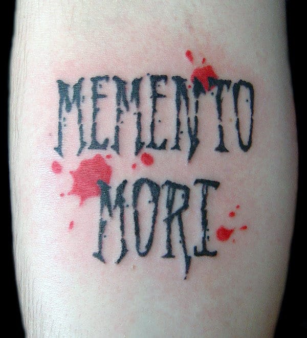 Paint Splatter With Memento Mori Words Mens Small Forearm Tattoos