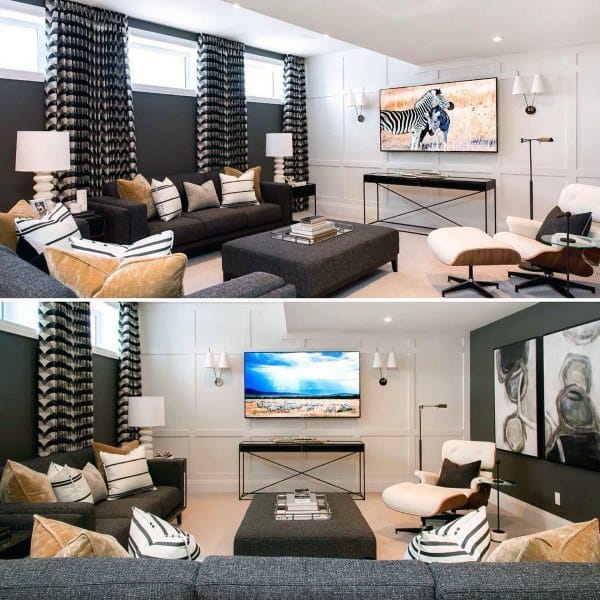 Modern basement living area with drywall ceiling, recessed lighting, and stylish furniture.