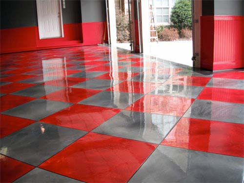Painted Grey And Red Checkered Epoxy Garage Flooring