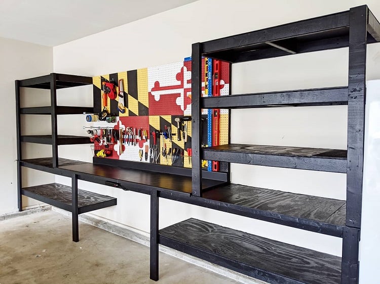 painted black open wooden garage shelves 