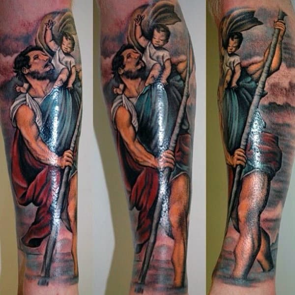 Painted Saint Christopher Mens Forearm Sleeve Tattoo