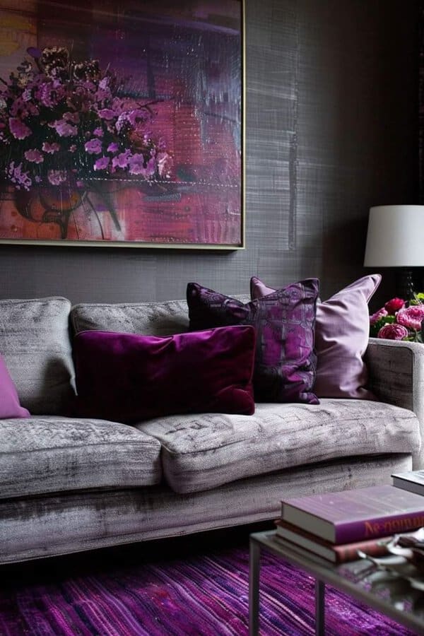 Living room with gray sofa, velvet purple pillows, matching rug, and a large abstract painting on a moody wall.