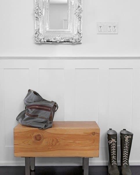 white wainscoting silver frame wall mirror