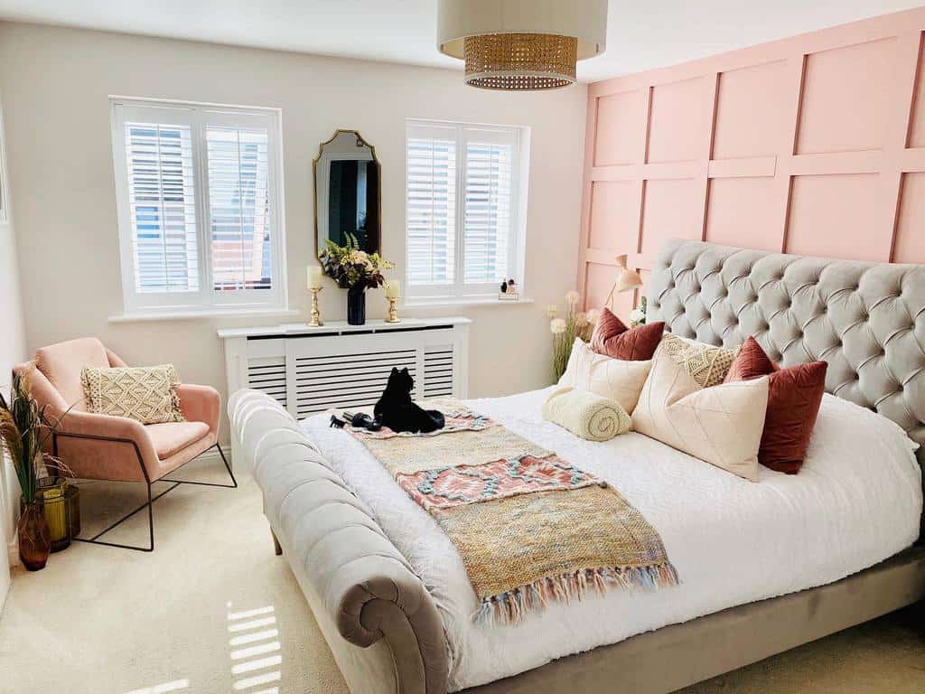 pink painted wall paneling country style bedroom
