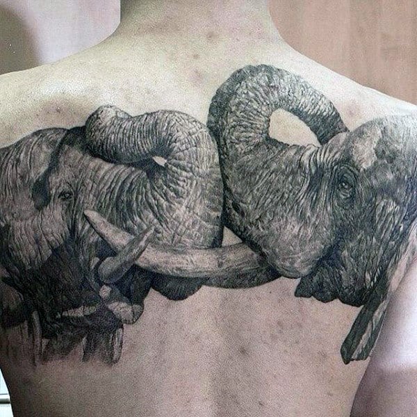 Pair Of Elephants In Embrace Tattoo Males Back