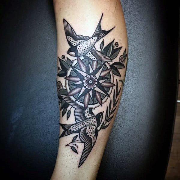 Pair Of Sparrows And Geometric Circular Tattoo Mens Forearm