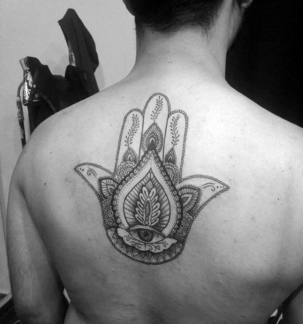 Paisley Hamsa Upper Back Tattoo Design On Male