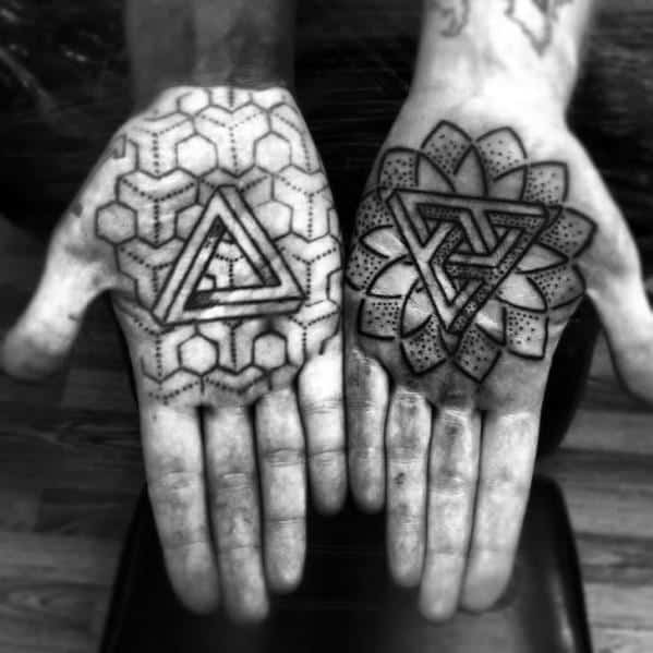 Palm Dotwork Geometric Penrose Triangle Tattoo Ideas On Guys