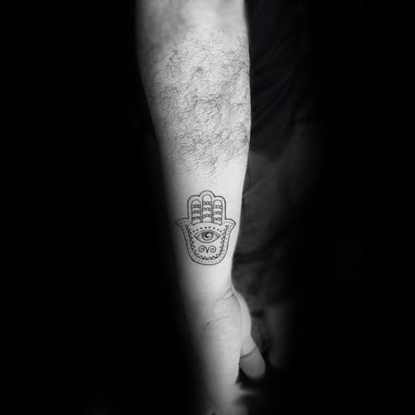 Palm Shaped Mens Hamsa Hand Small Outer Forearm Tattoo Design Ideas