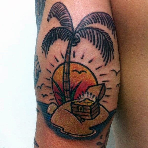 Palm Tree Beach Scene With Treasure Chest Mens Tricep Tattoo
