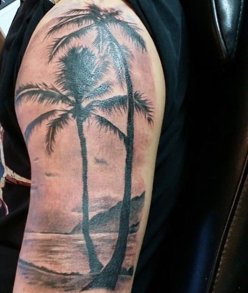 Palm Tree Black Ink Mens Beach Arm Tattoo