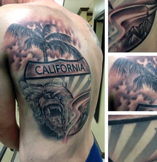Palm Tree California Bear Mens Back Tattoos