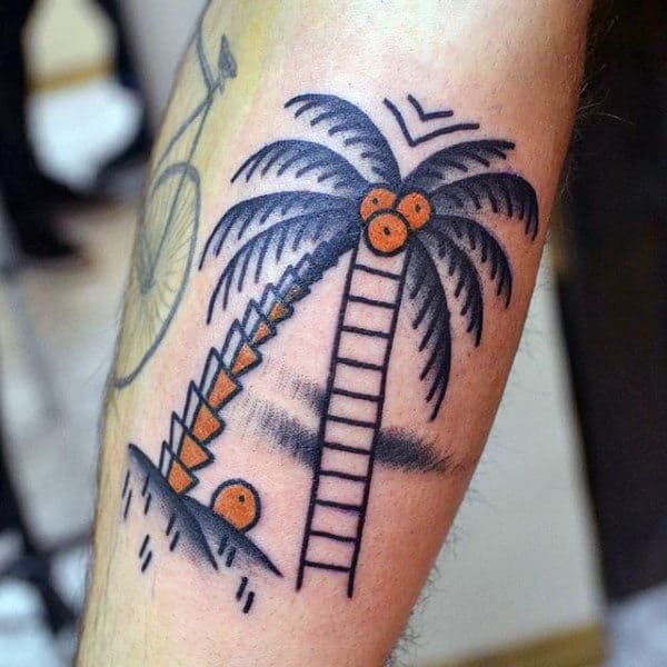 Palm Tree With Orange Fruit Tattoo On Legs For Men