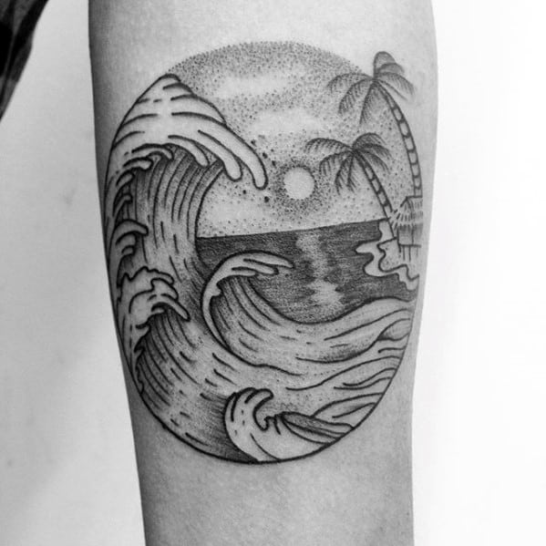 Palm Trees With Wave Mens Small Beach Tattoo On Inner Forearm