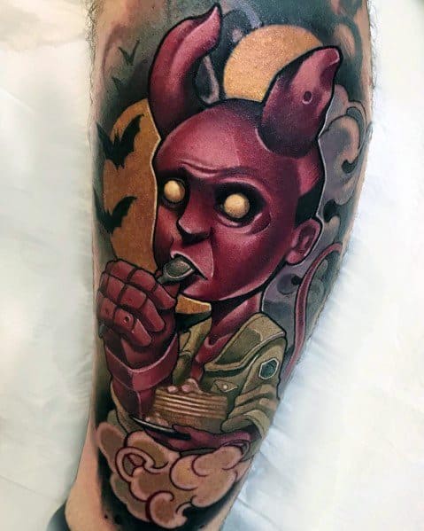Dark fantasy-style tattoo featuring a red-skinned demon with glowing eyes eating pancakes, surrounded by eerie clouds and flying bats.