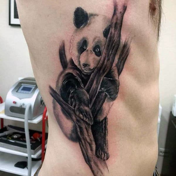 Panda Bear In Tree Mens Rib Cage Side Tattoo Ideas
