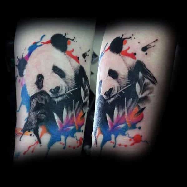 Panda Bear With Watercolor Leaves Mens Forearm Tattoos