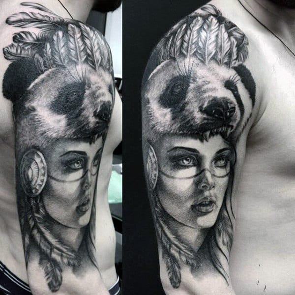 Panda Mask Helmet Mens Half Sleeve Tattoos