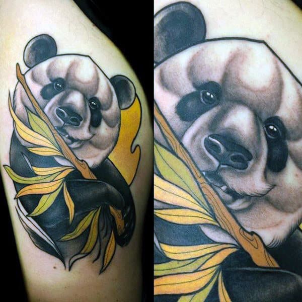 Panda With Branch Male Upper Arm Tattos
