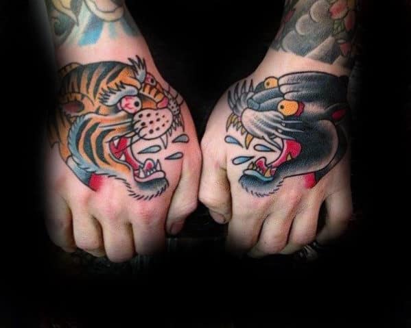 Panther And Tiger Traditional Hand Tattoos For Guys