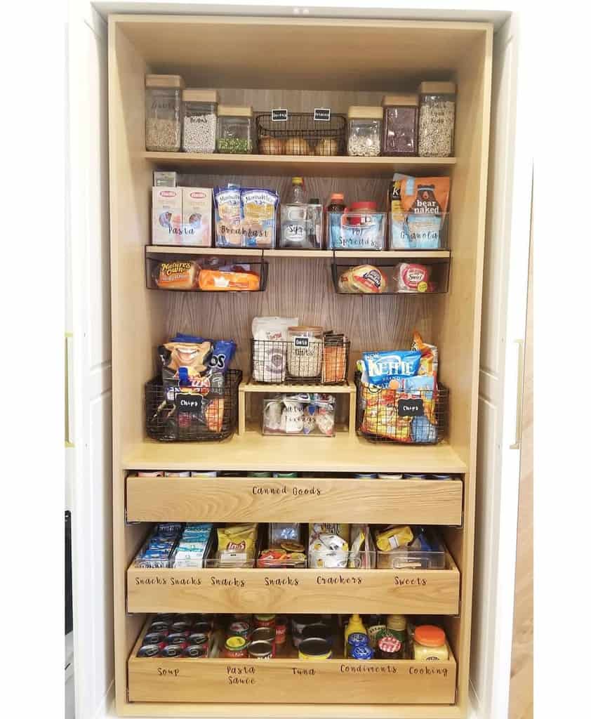well organized kitchen pantry with drawers