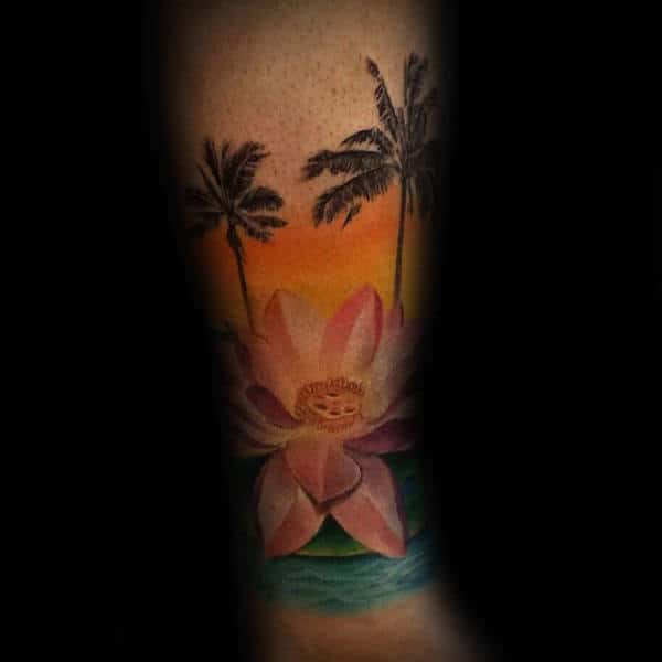 Paradise Lotus Flower Palm Tree Mens Forearm Tattoos