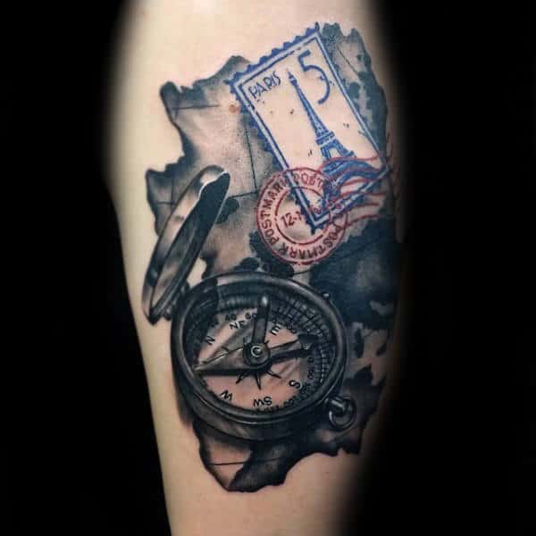 Paris Stamp With Compass And Map Travel Arm Tattoos For Men