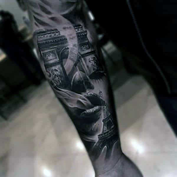 Paris Themed Portrait Inner Forearm Male Tattoos
