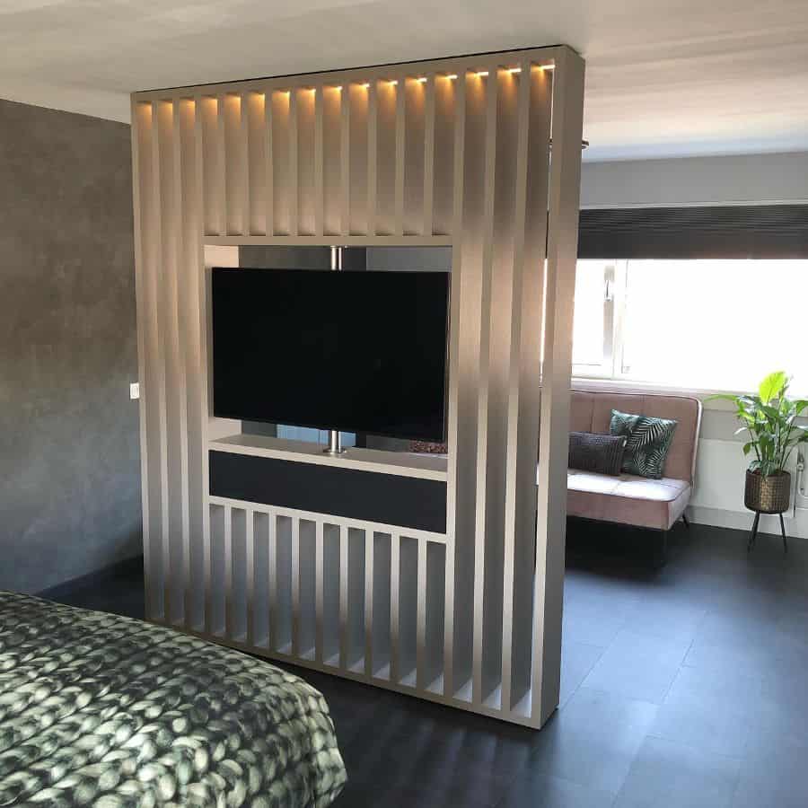 partitian wood room divider with television