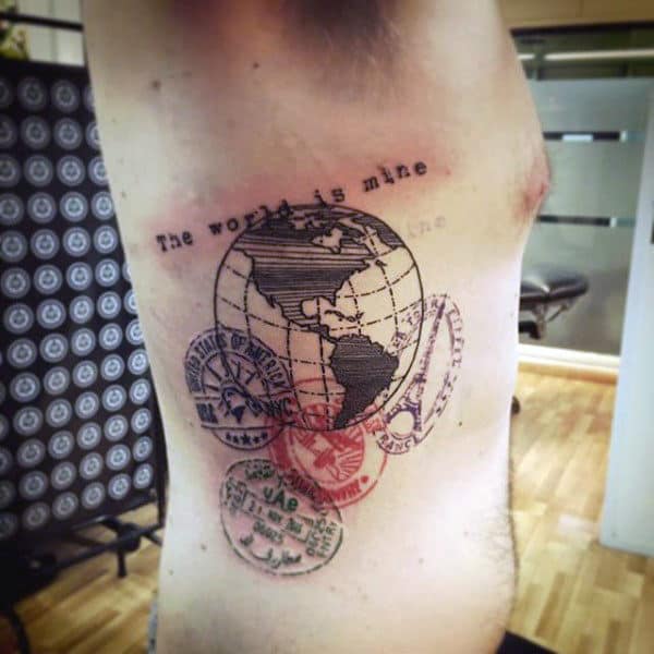 Passport Stamps Mens Rib Cage Side Travel Tattoo