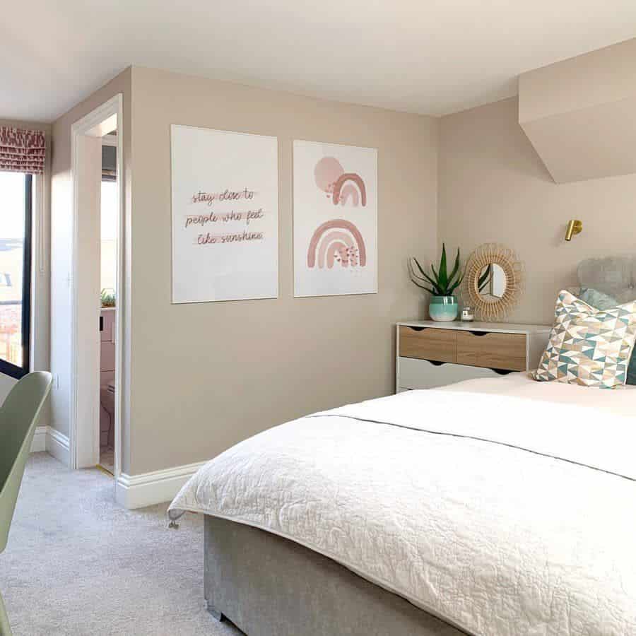 modern pastel bedroom gray bed white cabinet