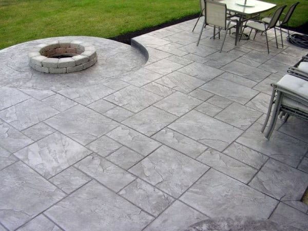 stamped paver concrete patio fire pit