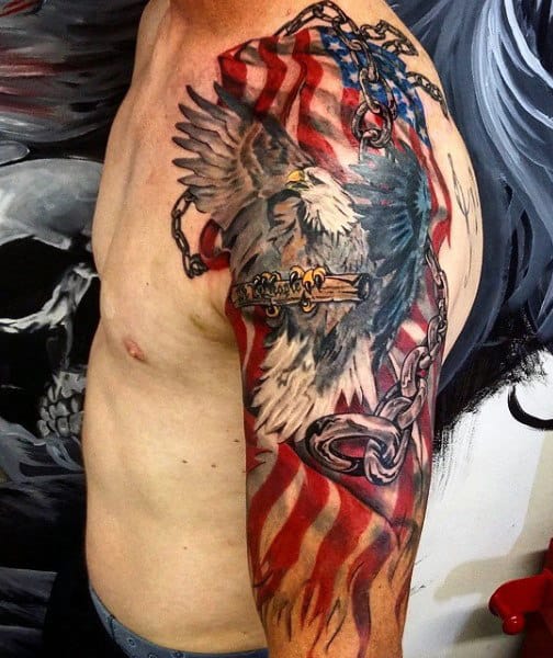 Patriotic American Flag Arm Chain Tattoo On Man