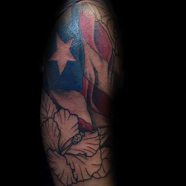 Patriotic Flag With Hibiscus Mens Arm Tattoos