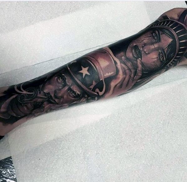 Patriotic Statue Of Liberty With Uncle Sam Amazing Mens Sleeve Tattoos
