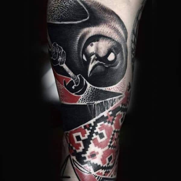 Pattern Black And Red Ink Dotwork Crow Tattoos For Males