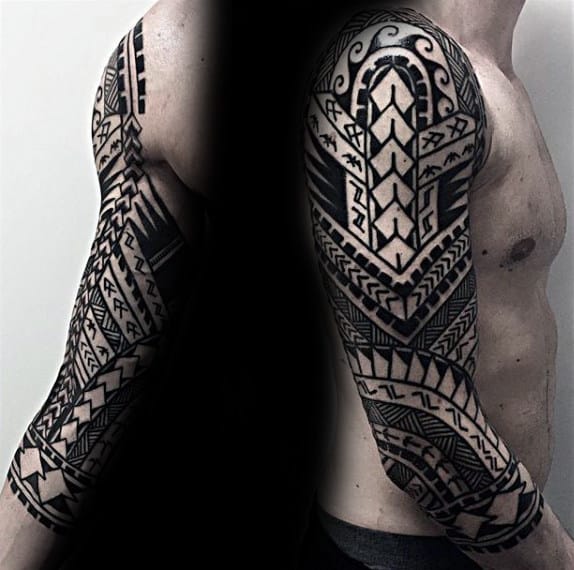 Pattern Black Ink Hawaiian Tribal Tattoo Designs For Men Half Sleeve