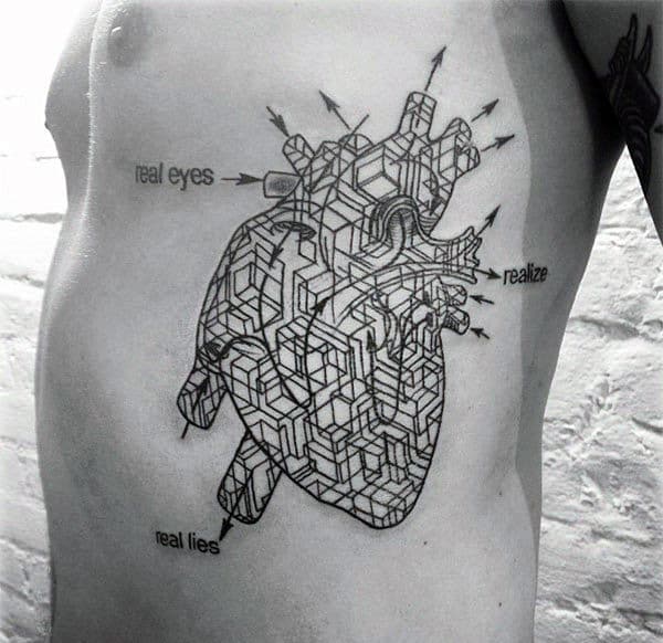 Pattern Cubes Geometric Heart Rib Cage Side Tattoo On Gentleman