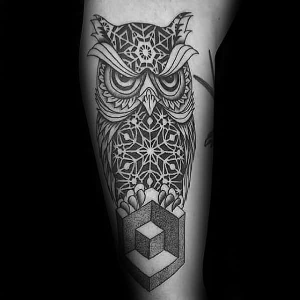 Pattern Negative Space With Cube Mens Geometric Owl Arm Tattoo