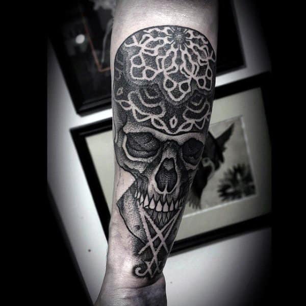 Patterned Skull Tattoo Male Forearm