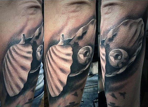 Pearl Inside Scallop Seashell Mens Realistic Shaded Tattoos