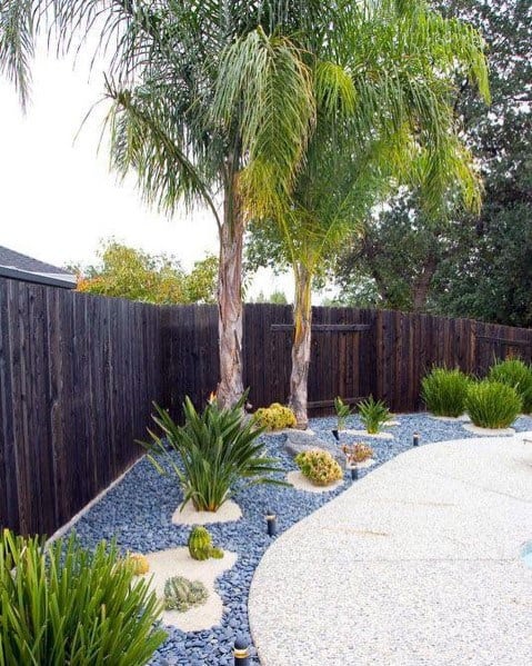 Backyard with palm trees, gravel, and small plants near a curved patio; wooden fence in the background