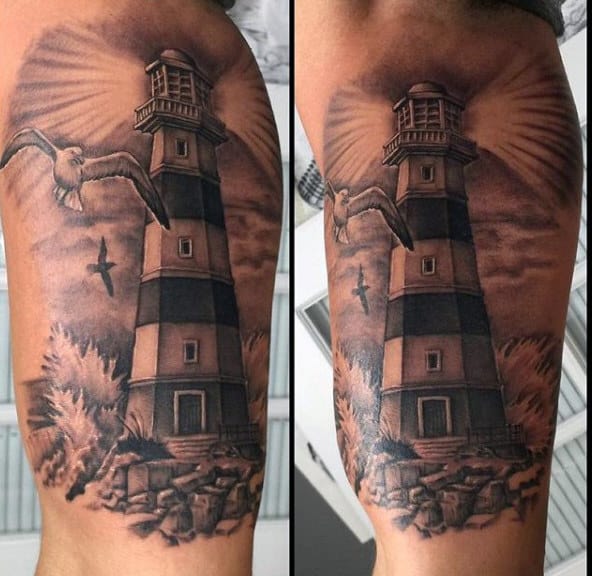 Pelican Lighthouse Tattoo For Men On Leg