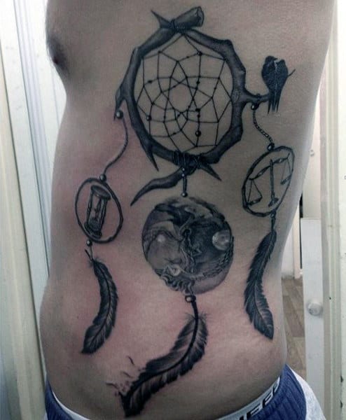 Pencil Art Dream Catcher Tattoo For Men On Side Ribs
